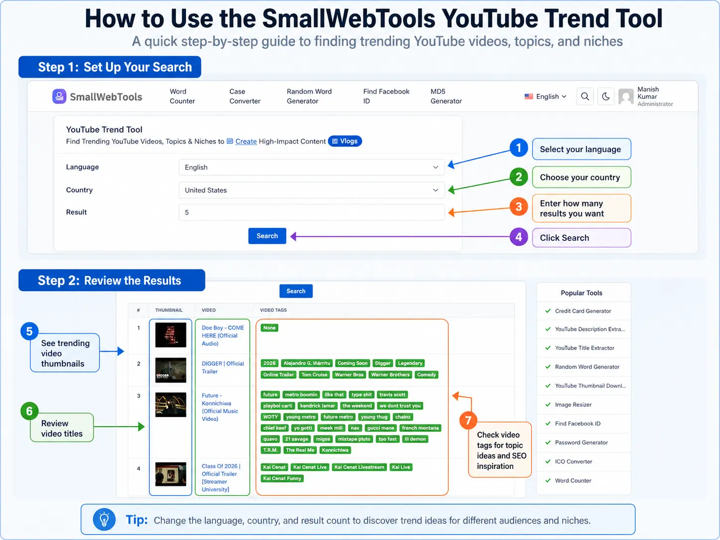 Step-by-step guide to using the SmallWebTools YouTube Trend Tool